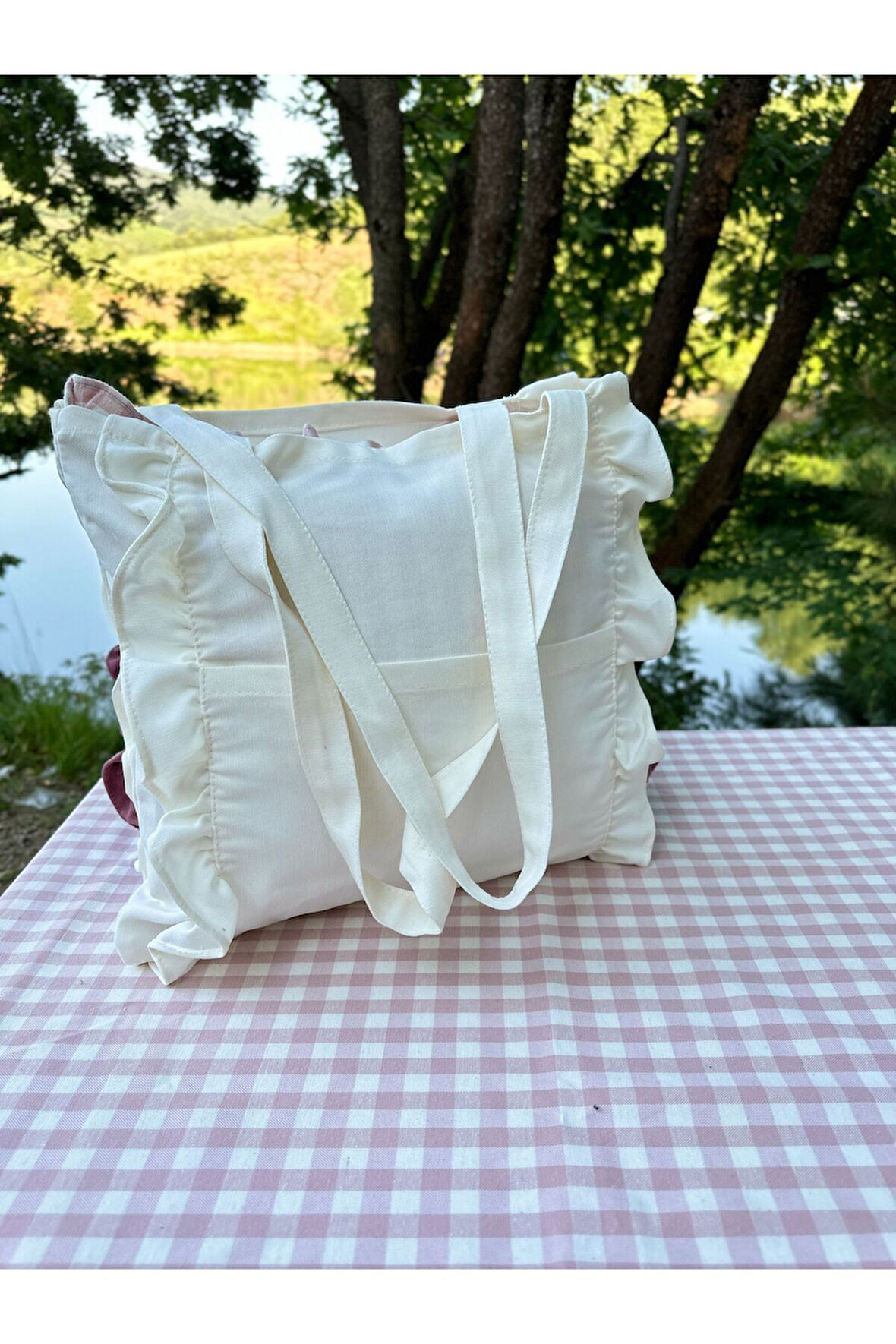 Fırfırlı Ekru Çanta Çok Amaçlı Çanta Plaj Çantası