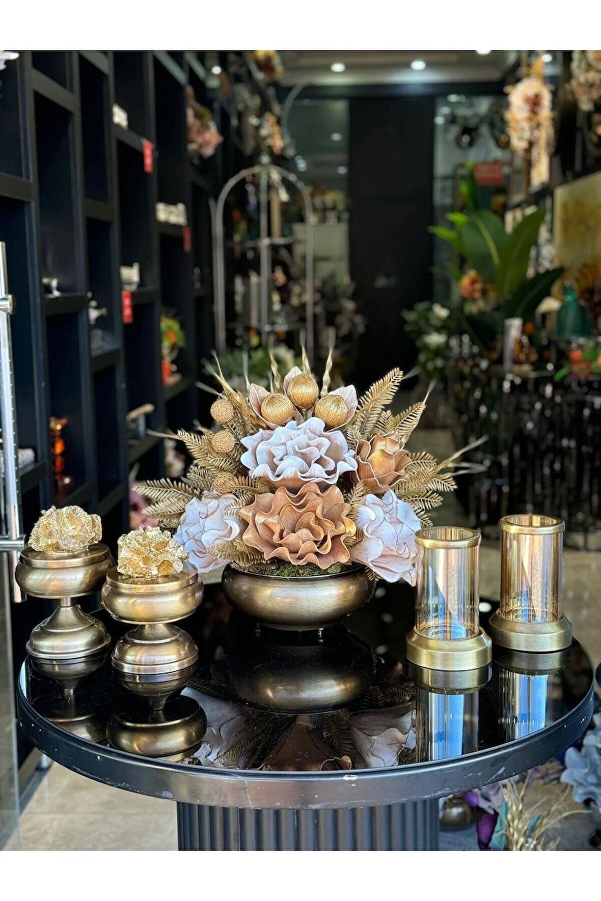 Yapay Çiçekli Antik Yassı Vazo 5 Parça Set No:5