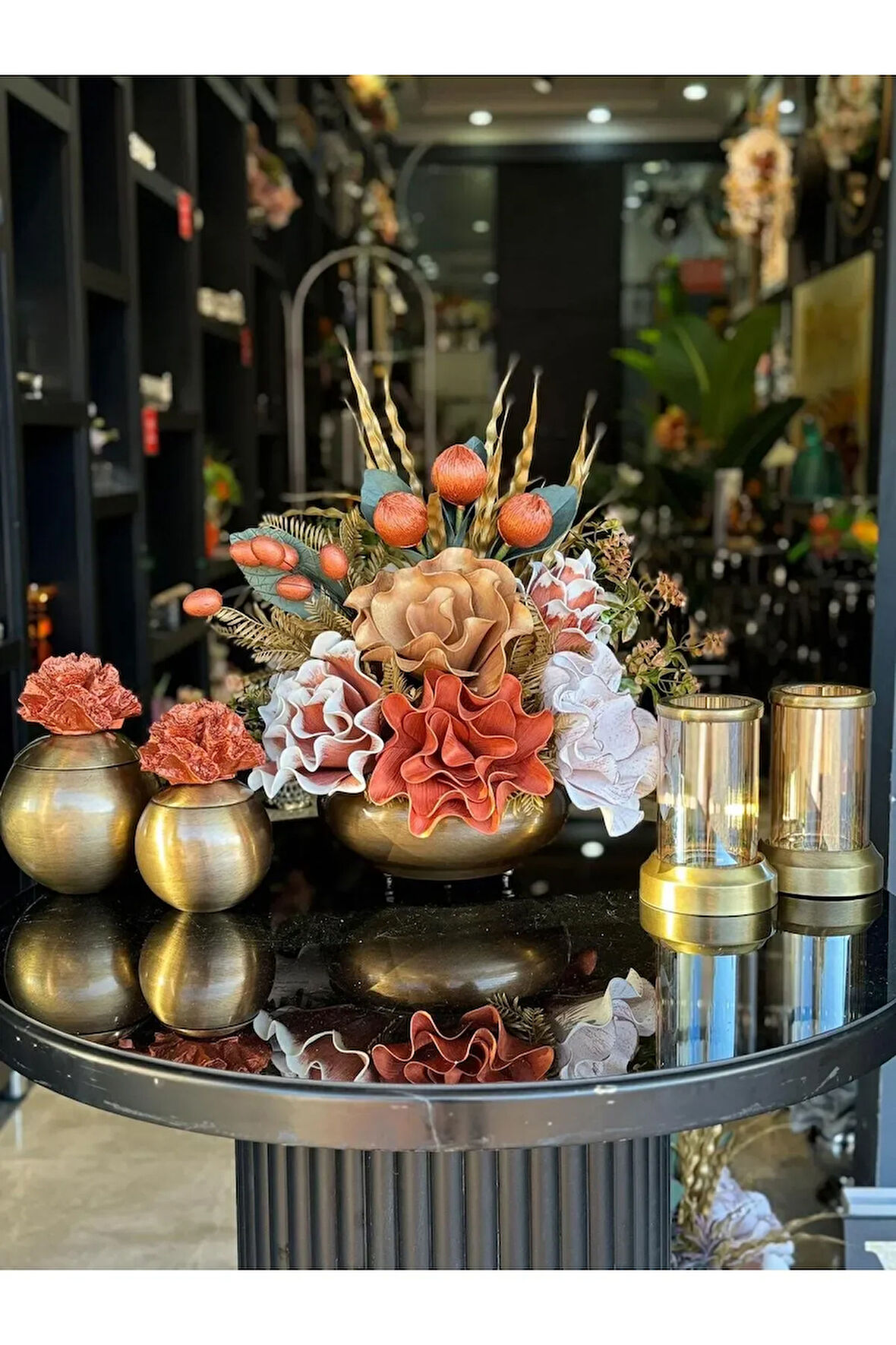 Yapay Çiçekli Antik Yassı Vazo 5 Parça Set No:6