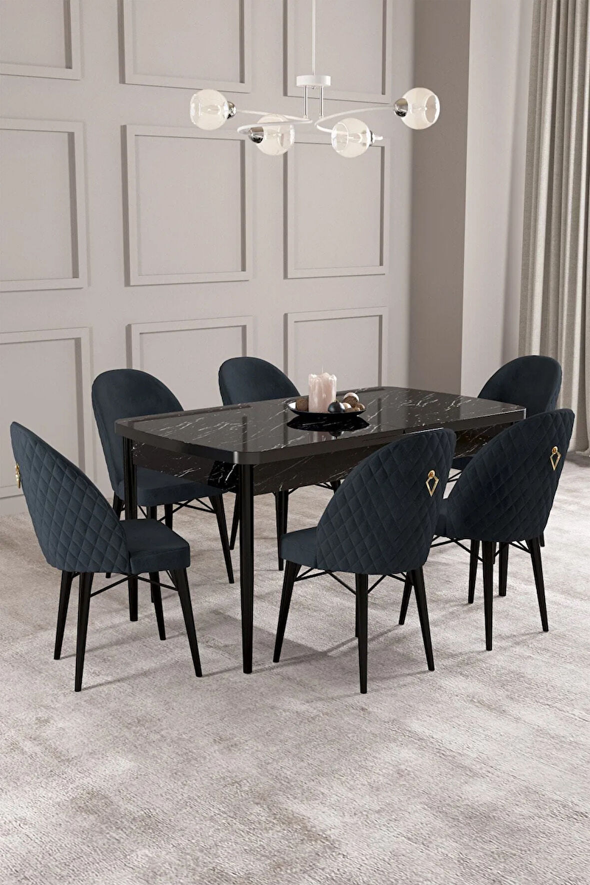 Arya Siyah Mermer Desen 80x132 MDF Açılabilir Mutfak Masası Takımı 6  Sandalye