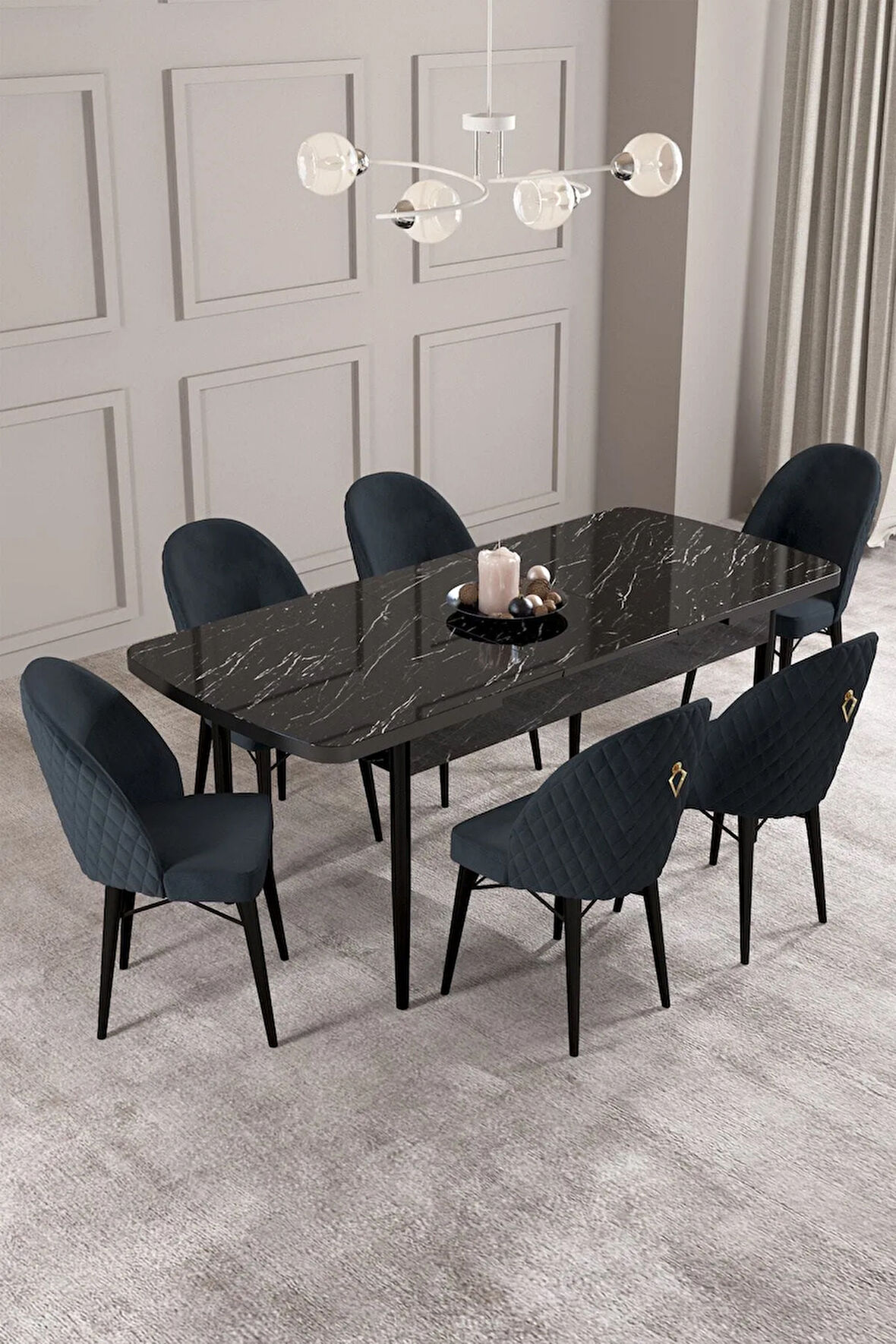 Arya Siyah Mermer Desen 80x132 MDF Açılabilir Yemek Masası Takımı 6  Sandalye