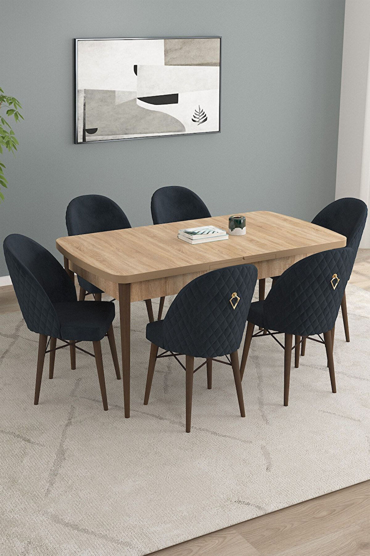 Calvin Meşe Desen 80x132 Açılabilir Mdf Masa Yemek Odası Takımı, Mutfak Takımı 6 Adet Sandalye