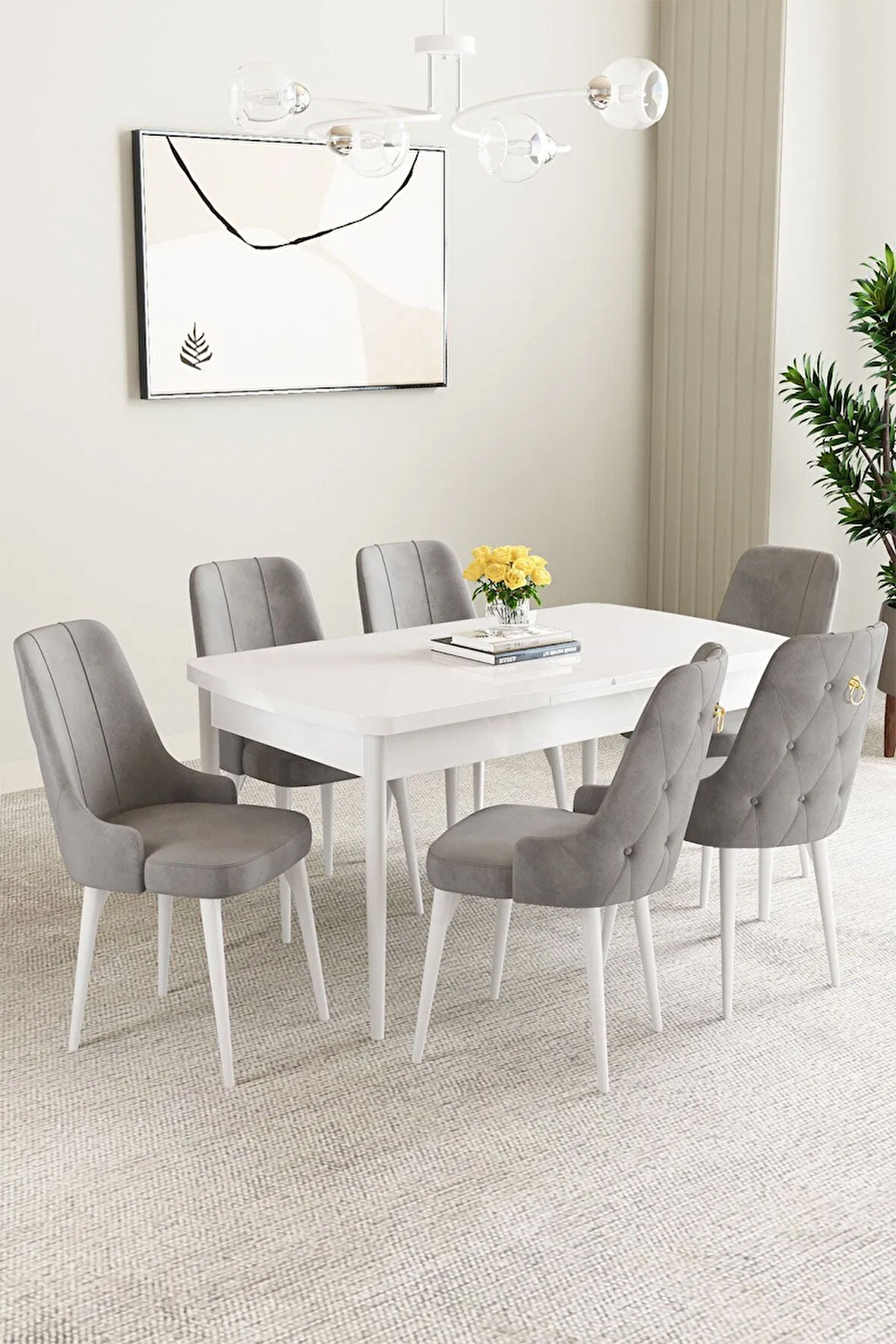 Clara Beyaz Mermer Desen 80x132 Açılabilir Yemek Odası Takımı 6  Sandalye