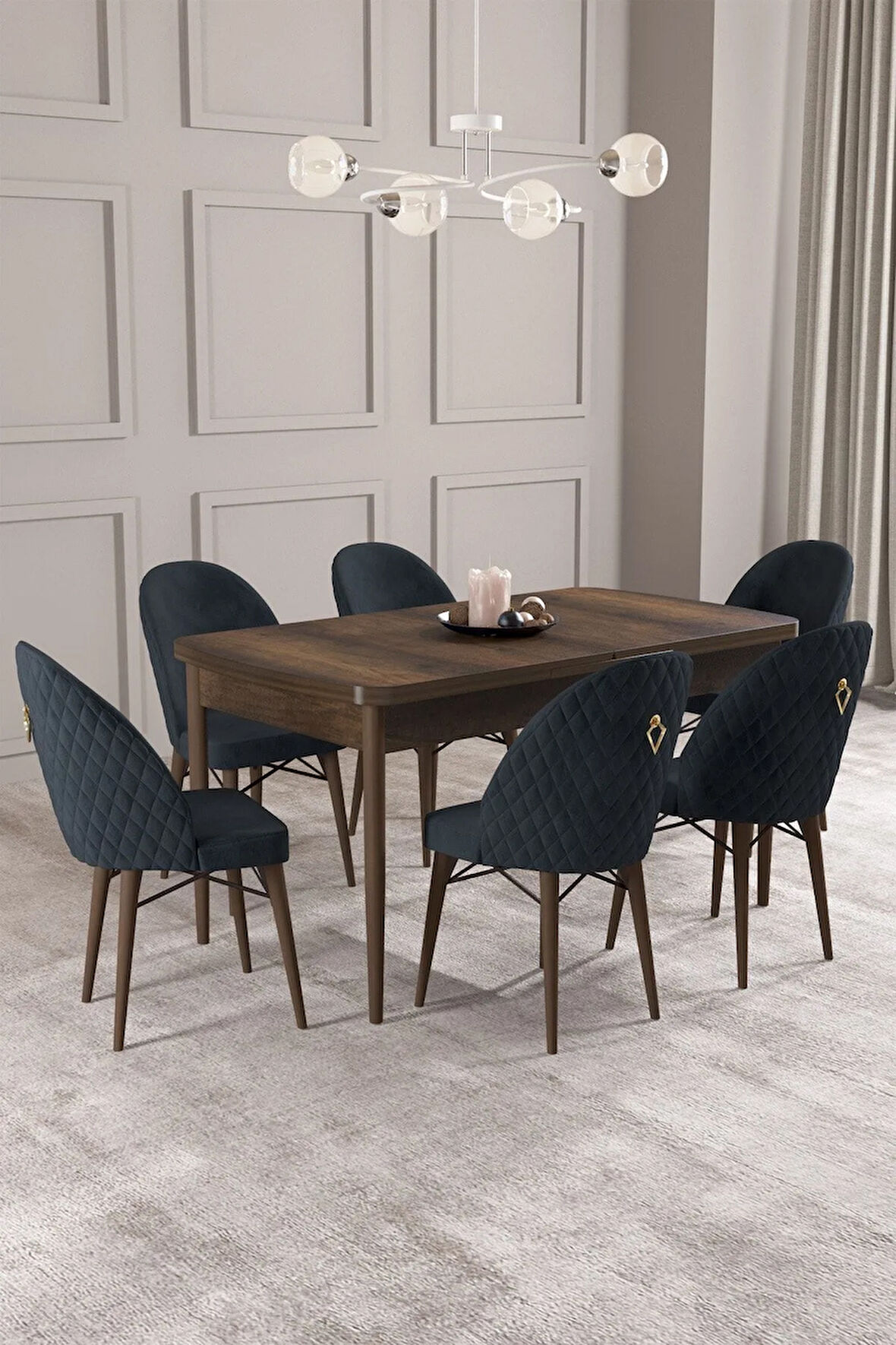 Calvin Barok Desen 80x132 MDF Açılabilir Mutfak Masası Takımı 6  Sandalye