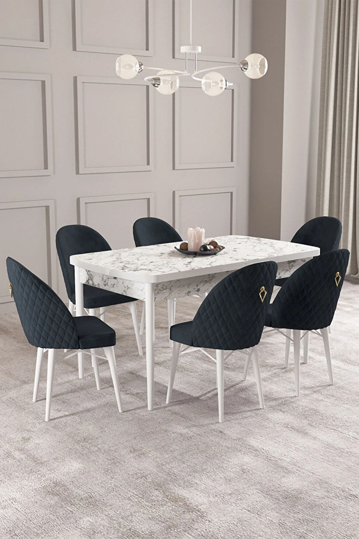 Calvin Beyaz Mermer Desen 80x132 MDF Açılabilir Mutfak Masası Takımı 6  Sandalye