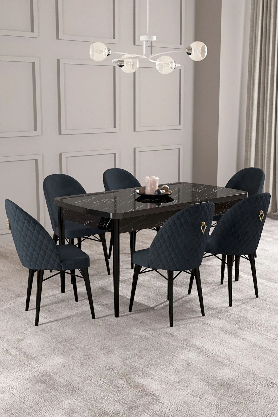 Calvin Siyah Mermer Desen 80x132 MDF Açılabilir Mutfak Masası Takımı 6  Sandalye