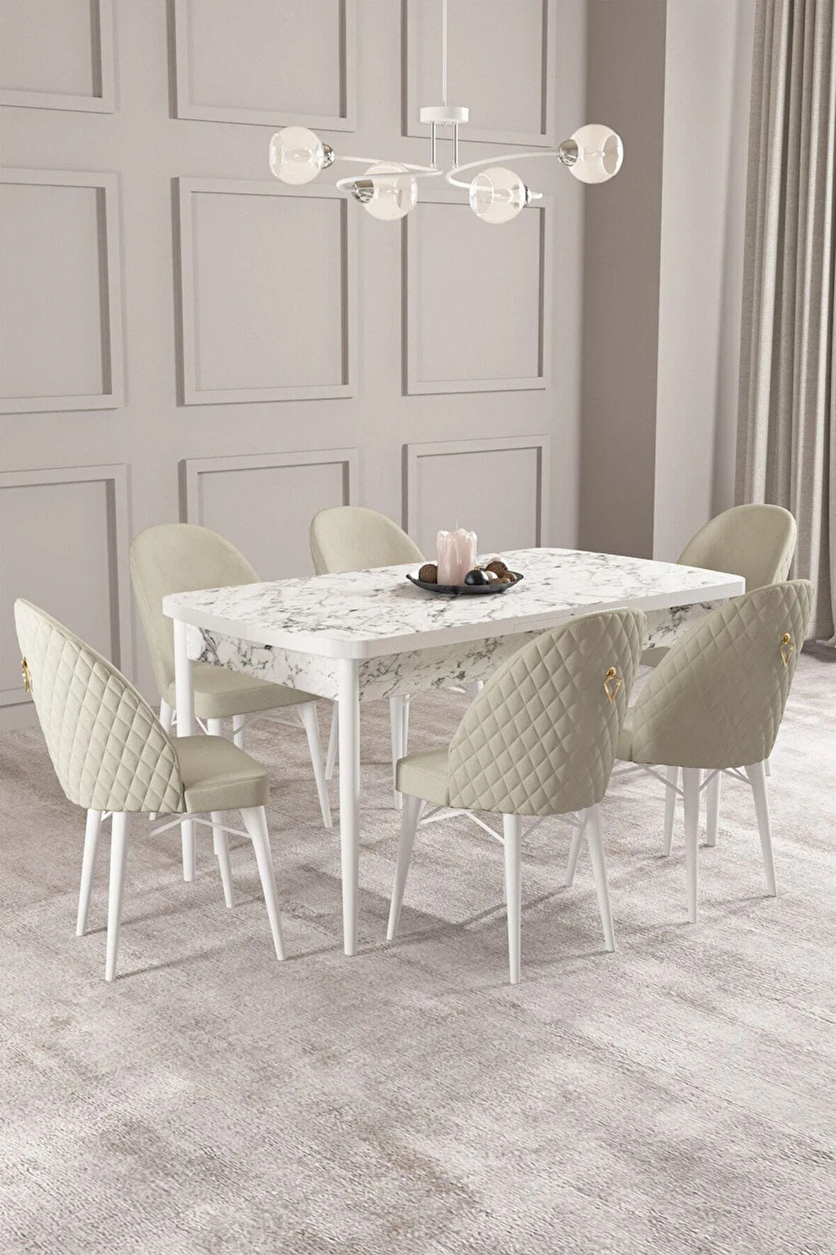 Ikon Beyaz Mermer Desen 80x132 MDF Açılabilir Mutfak Masası Takımı 6  Sandalye