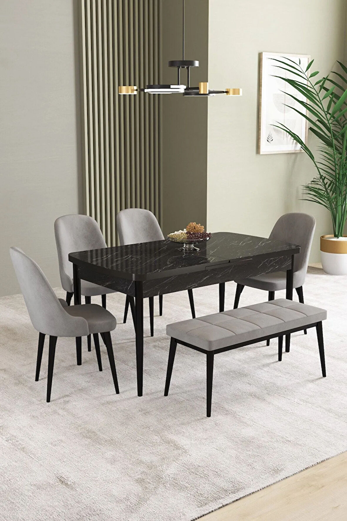 Ikon Siyah Mermer Desen 80x132 MDF Açılabilir Mutfak Masası Takımı 6  Sandalye
