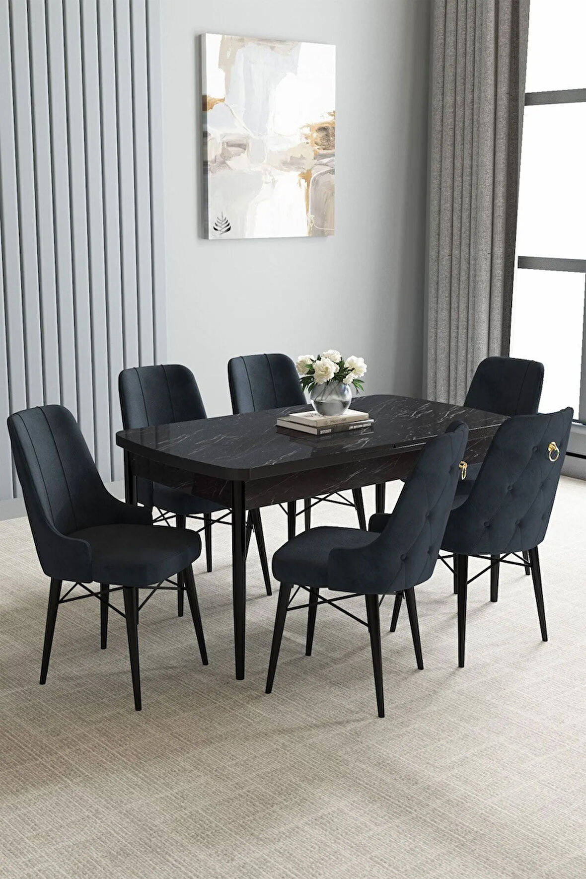 Jusie Siyah Mermer Desen 80x132 Açılabilir Mutfak Masası Takımı 6  Sandalye