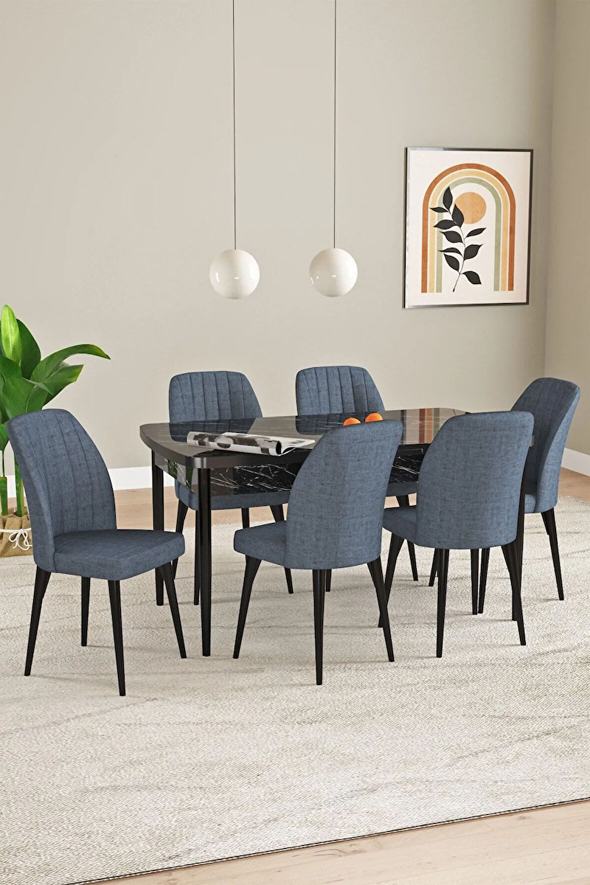 Laris Siyah Mermer Desen 80 X 132 Açılabilir MDF Mutfak Masa Takımı 6 Sandalye