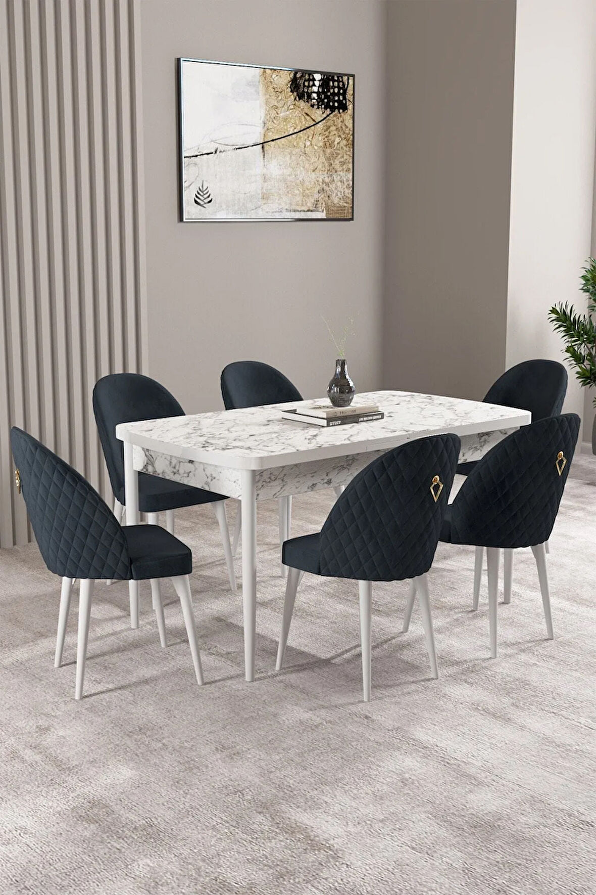 Lima Beyaz Mermer Desen 80x132 MDF Açılabilir Yemek Masası Takımı 6  Sandalye
