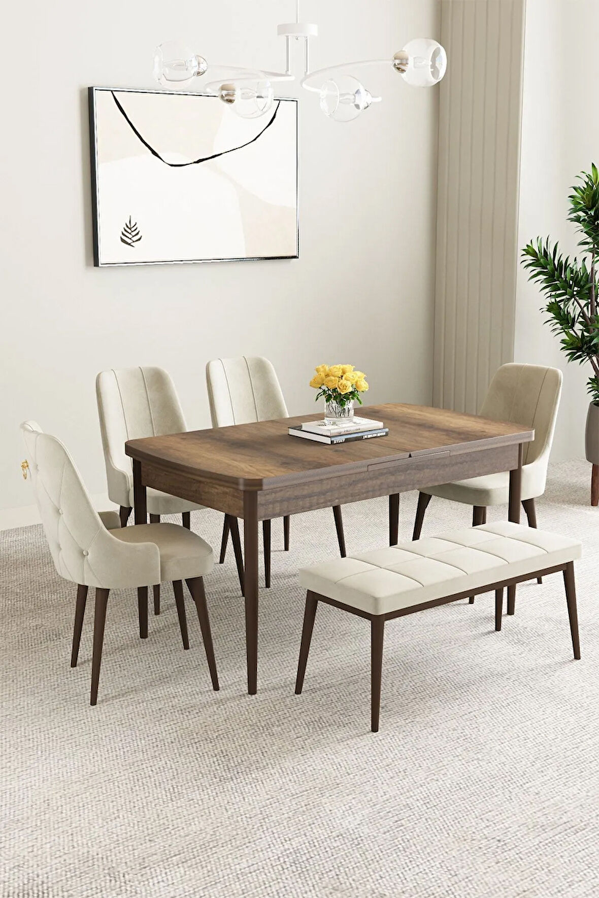 Milas Atlantik Çam 80x132 MDF Açılabilir Mutfak Masası Takımı 6  Sandalye
