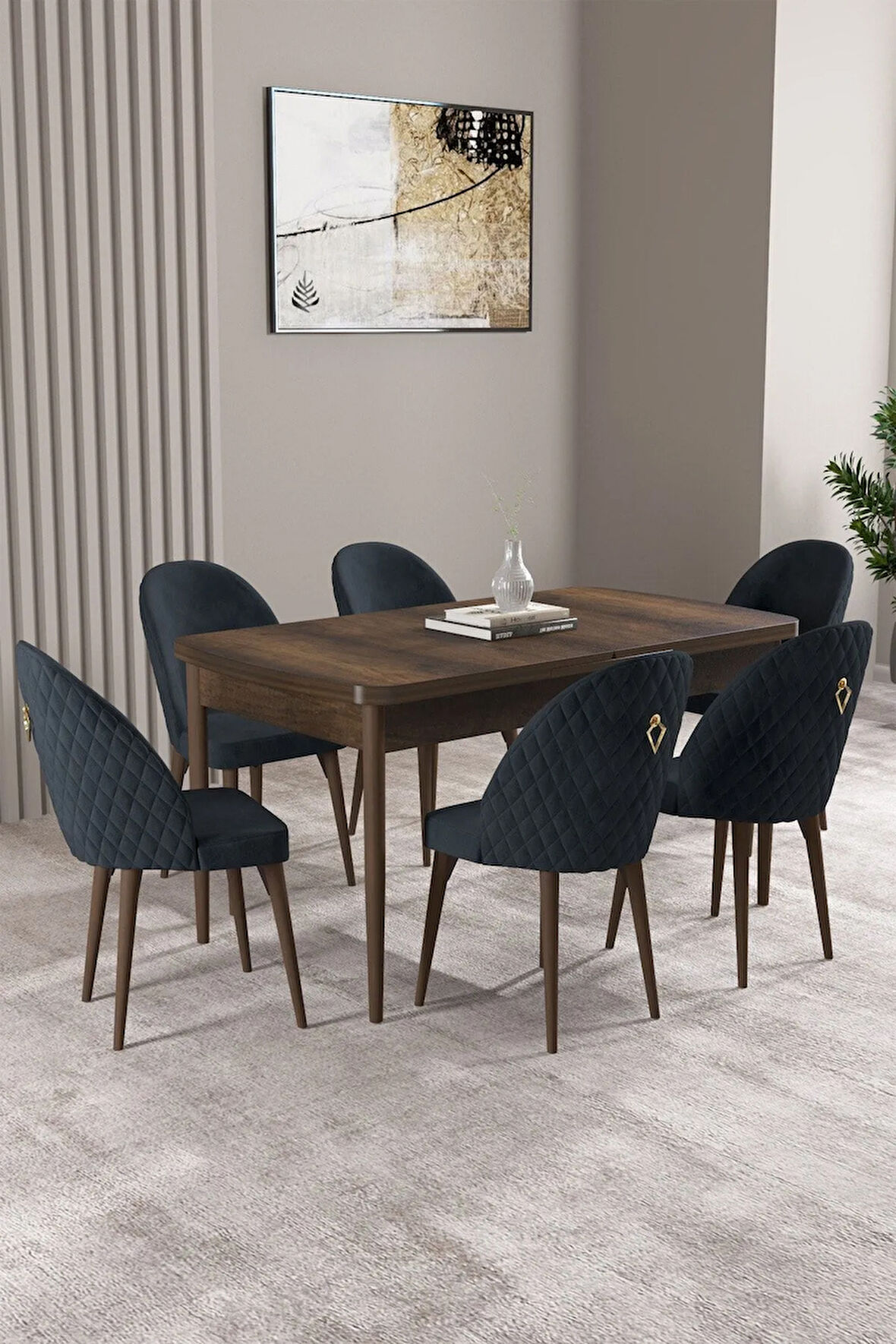Milas Barok Desen 80x132 MDF Açılabilir Mutfak Masası Takımı 6  Sandalye