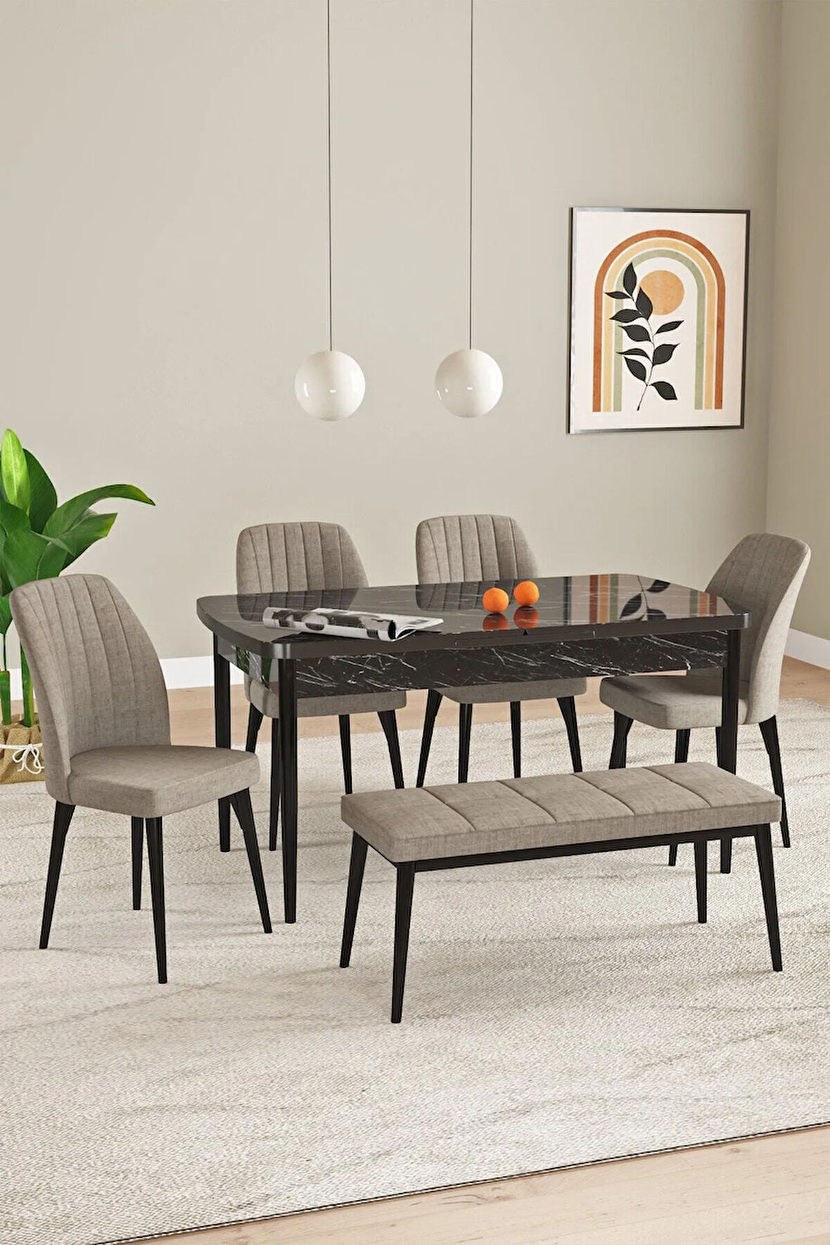 Milas Meşe Desen 80x132 MDF Açılabilir Mutfak Masası Takımı 6  Sandalye