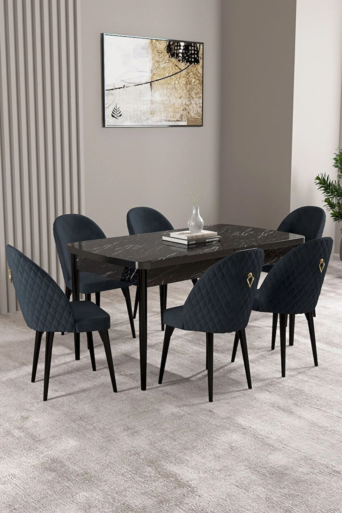 Milas Siyah Mermer Desen 80x132 MDF Açılabilir Mutfak Masası Takımı 6  Sandalye