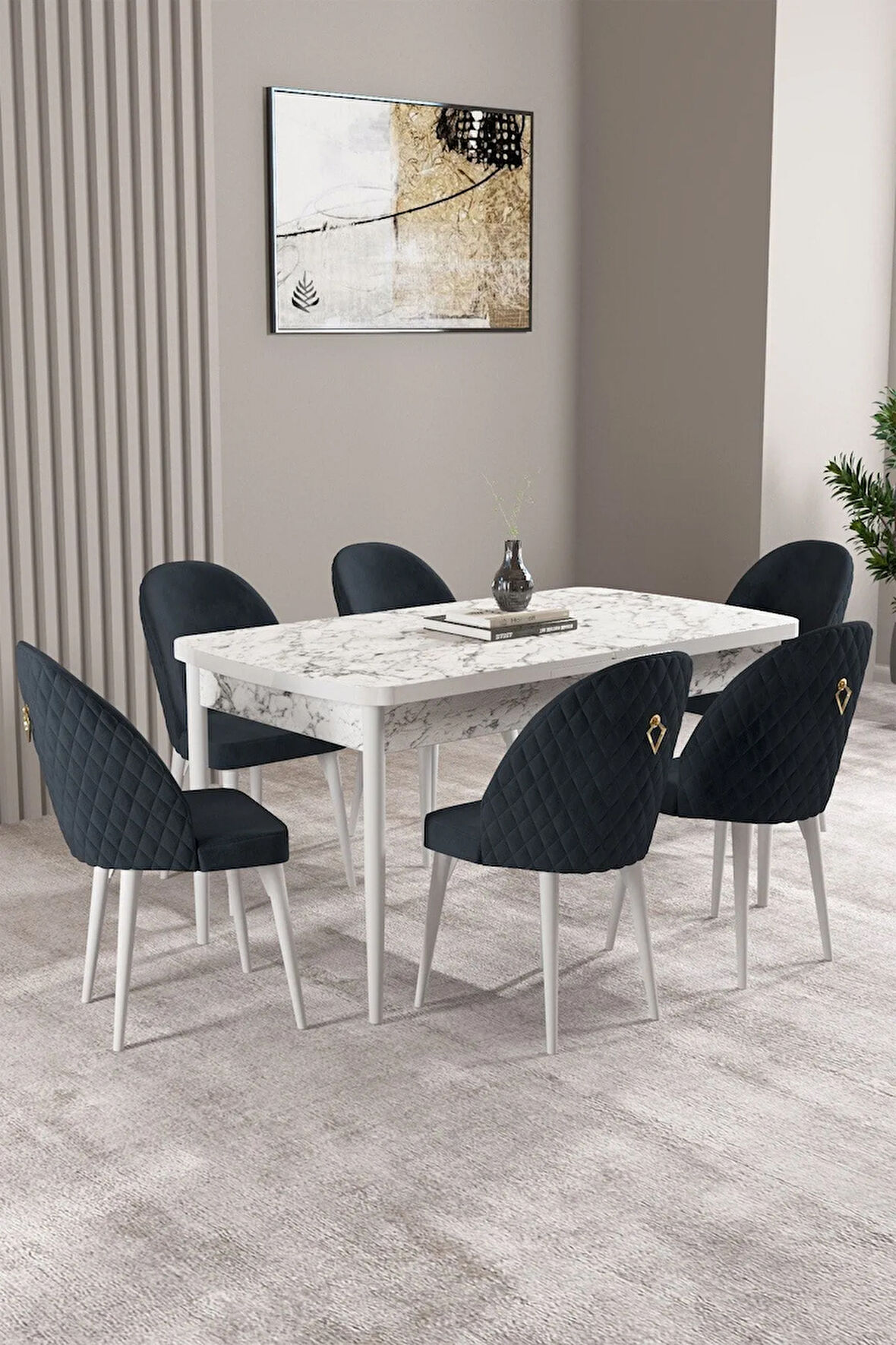 Milas Beyaz Mermer Desen 80x132 MDF Açılabilir Yemek Masası Takımı 6  Sandalye