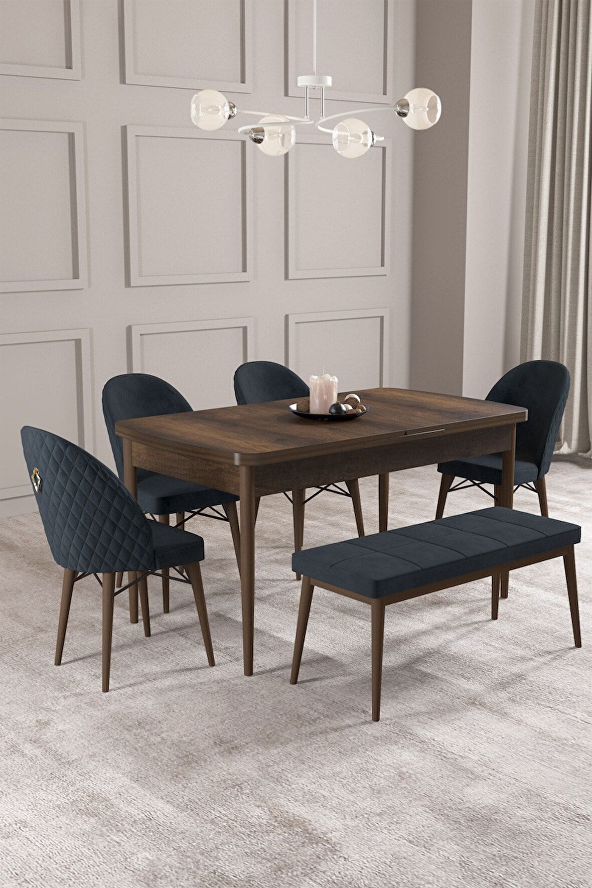 Calvin Barok 80x132 Açılabilir Mdf Masa Yemek Odası Takımı, Mutfak Takımı 4 Sandalye, 1 Bench