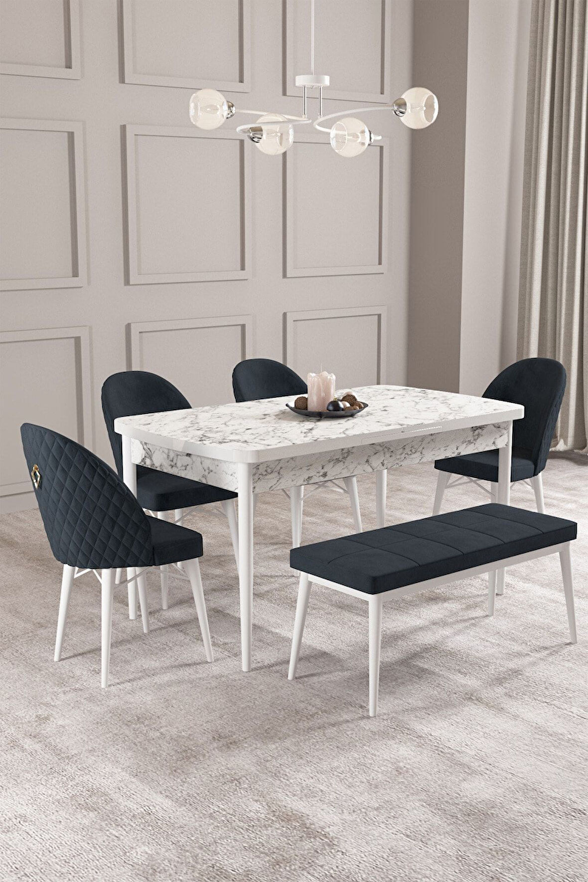 Calvin Beyaz Mermer 80x132 Açılabilir Mdf Masa Yemek Odası Takımı, Mutfak Takımı 4 Sandalye, 1 Bnch 