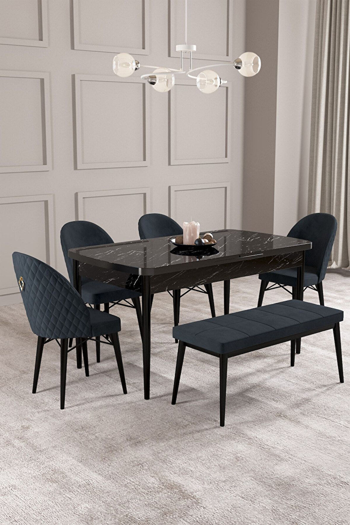 Calvin Siyah Mermer 80x132 Açılabilir Mdf Masa Yemek Odası Takımı, Mutfak Takımı 4 Adet Sandalye, 1 