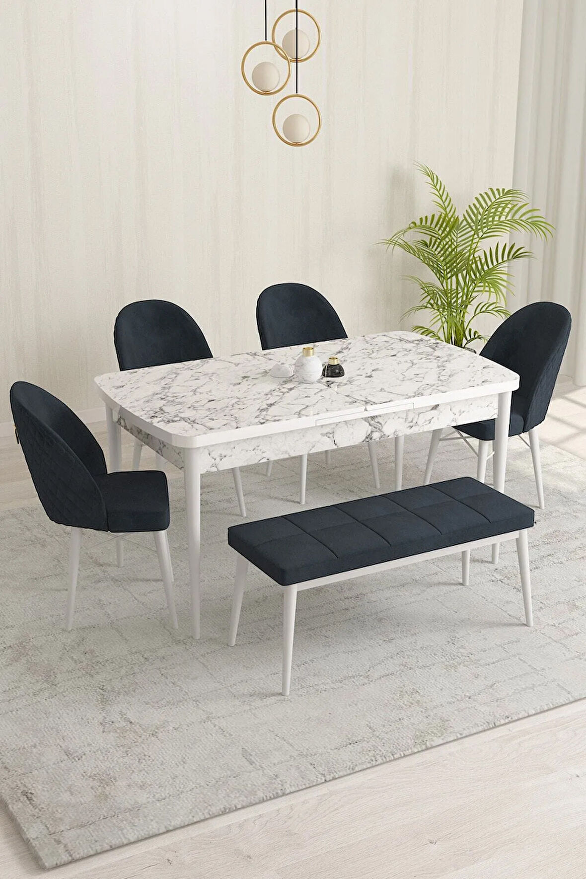 Clara Barok Desen 80x132 Açılabilir Yemek Odası Takımı 4 Sandalye, 1 Bench