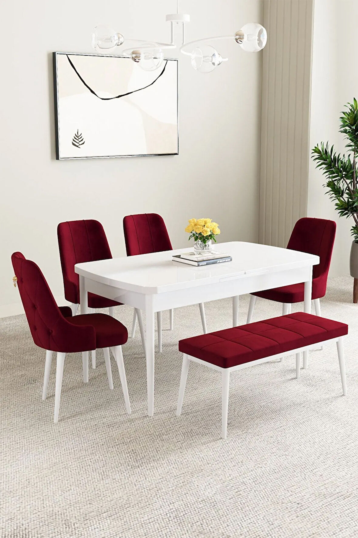Clara Beyaz 80x132 Açılabilir Yemek Odası Takımı 4 Sandalye, 1 Bench