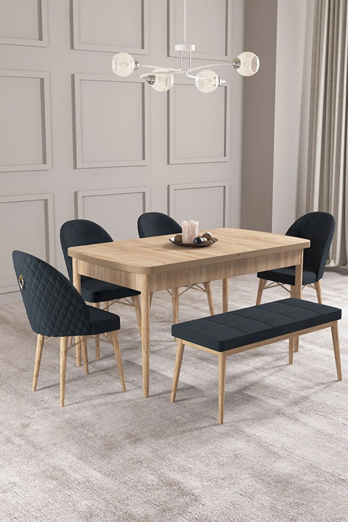 Calvin Meşe Desen 80x132 MDF Açılabilir Mutfak Masası Takımı 4 Sandalye, 1 Bench
