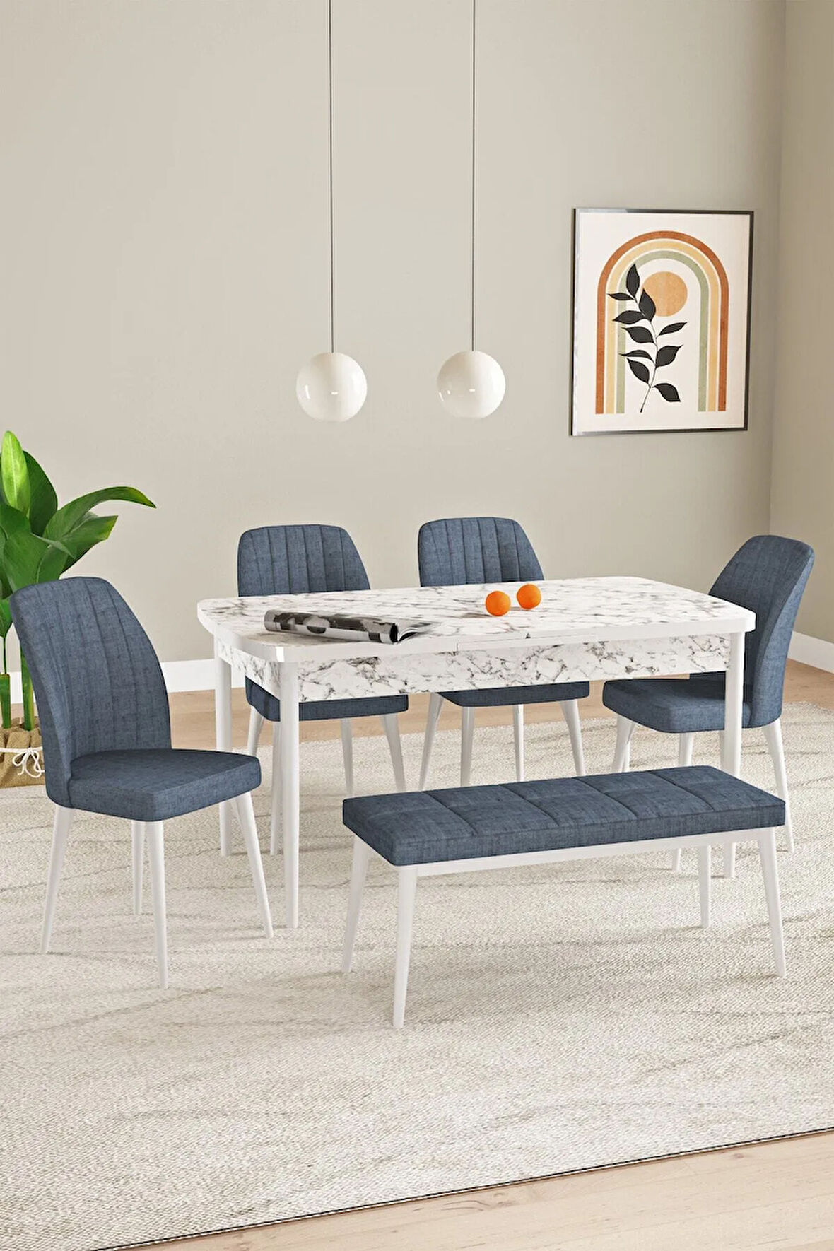 Elis Beyaz Mermer Desen 80x132 Açılabilir Yemek Odası Takımı 4 Sandalye, 1 Bench