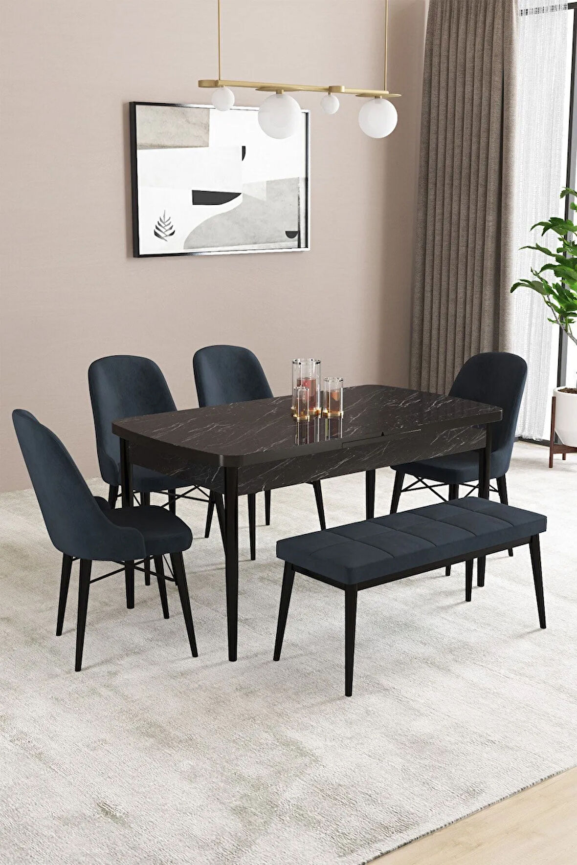 Fonza Siyah Mermer Desen 80x132 MDF Açılabilir Mutfak Masası Takımı 4 Sandalye , 1 Bench