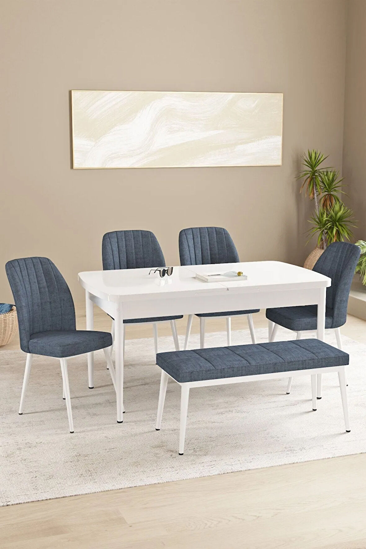 Floryn Beyaz 80 X 132 Benchli Açılabilir MDF Mutfak Masa Takımı 4 Sandalye