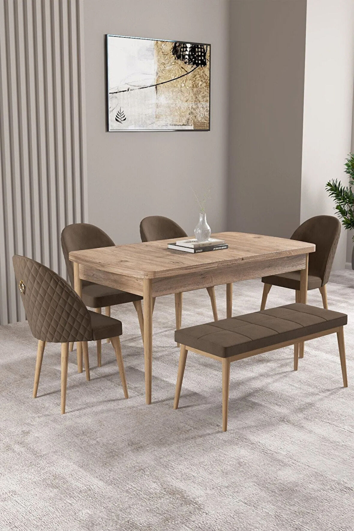 Floryn Meşe Desen 80 X 132 Benchli Açılabilir MDF Mutfak Masa Takımı 4 Sandalye