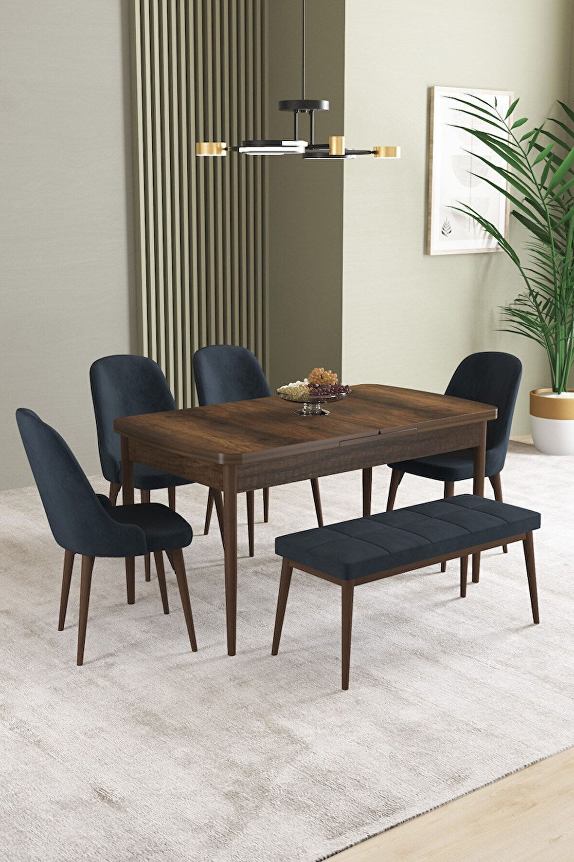 Ikon Barok Desen 80x132 Açılabilir Mdf Masa Yemek Odası Takımı, Mutfak Takımı 4 Sandalye, 1 Bench