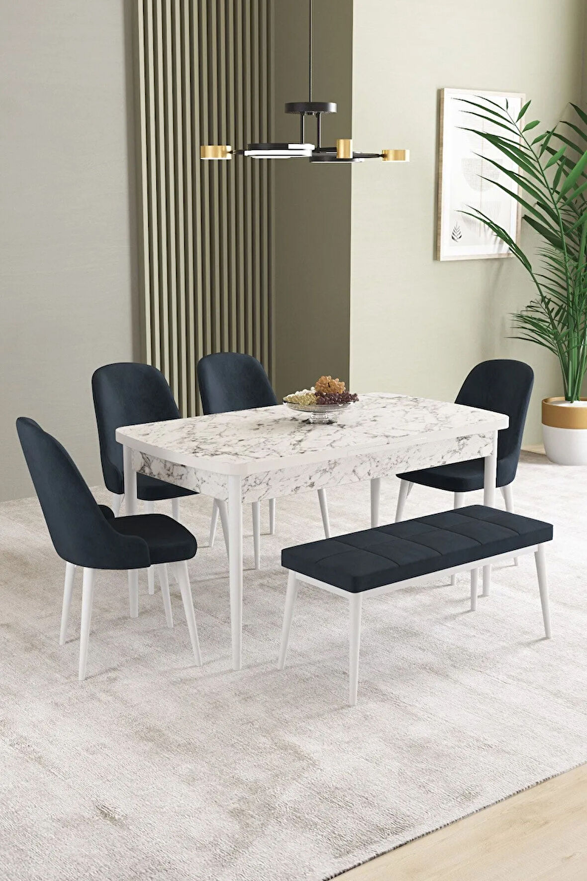 Ikon Beyaz Mermer Desen 80x132 MDF Açılabilir Yemek Masası Takımı 4 Sandalye, 1 Bench