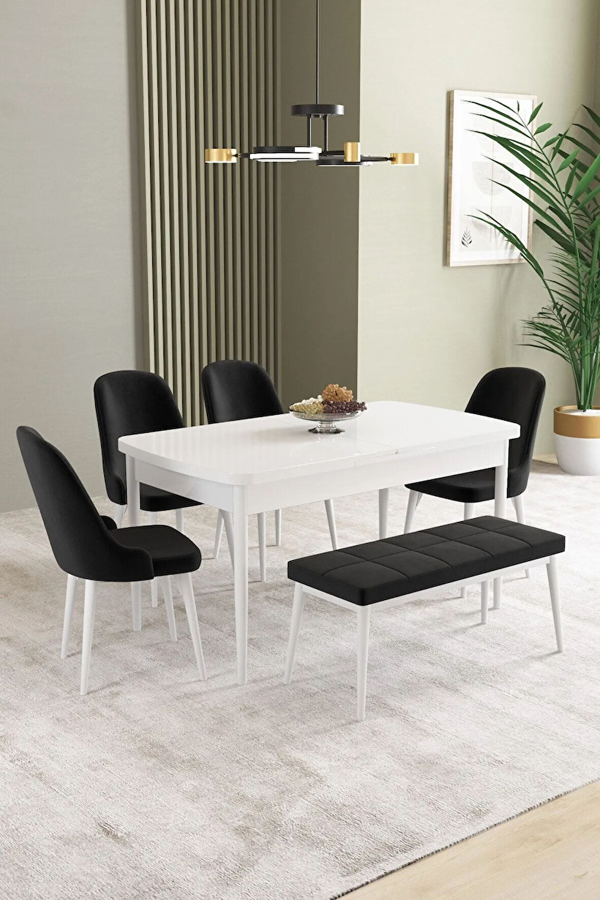 Ikon Beyaz 80x132 MDF Açılabilir Yemek Masası Takımı 4 Sandalye, 1 Bench