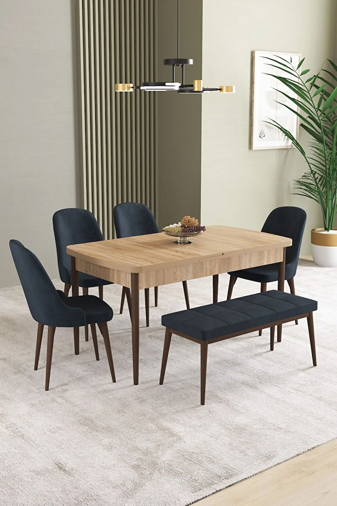 Ikon Meşe Desen 80x132 MDF Açılabilir Mutfak Masası Takımı 4 Sandalye, 1 Bench