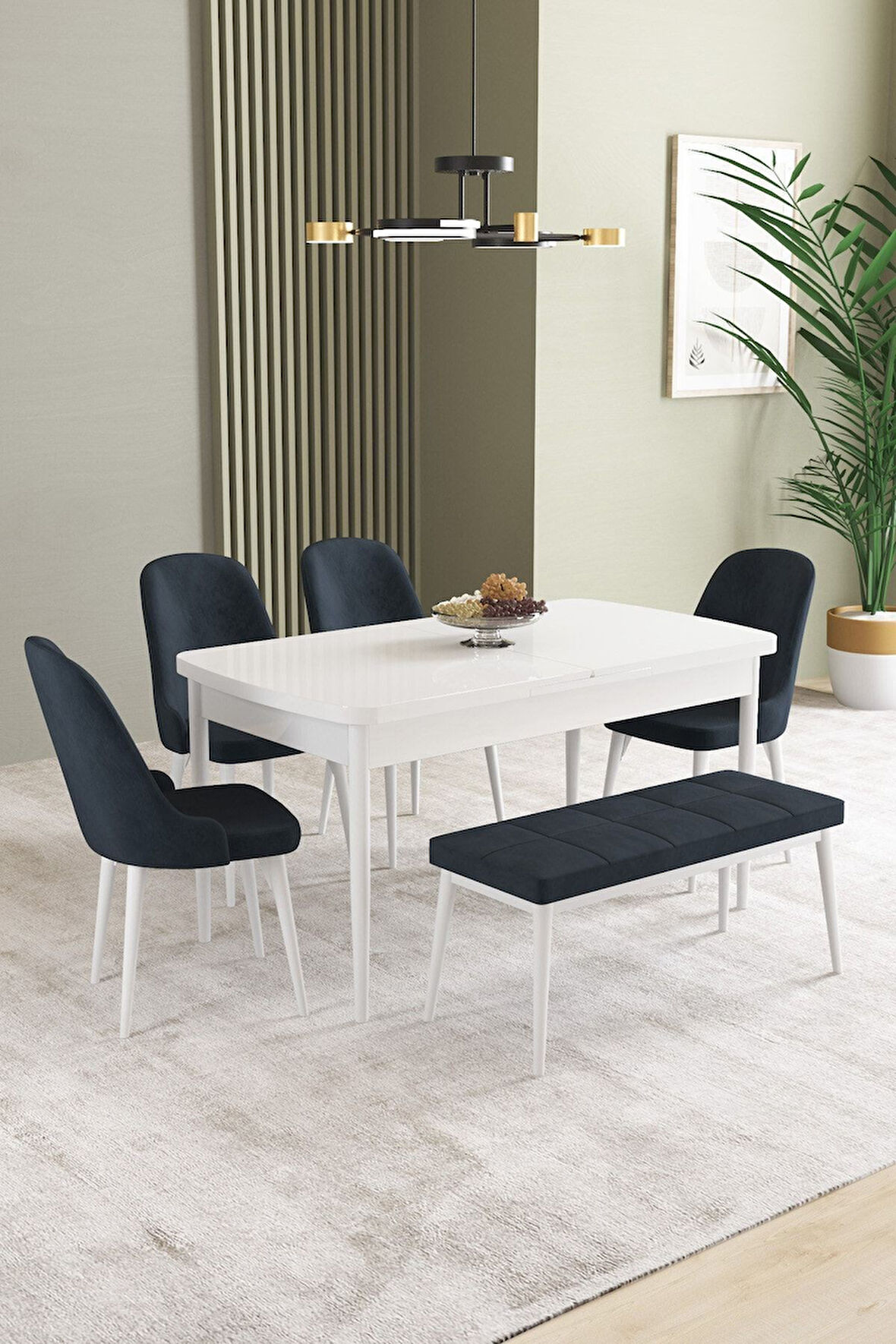 Ikon Beyaz 80x132 Açılabilir Mdf Masa Yemek Odası Takımı, Mutfak Takımı 4 Sandalye, 1 Bench