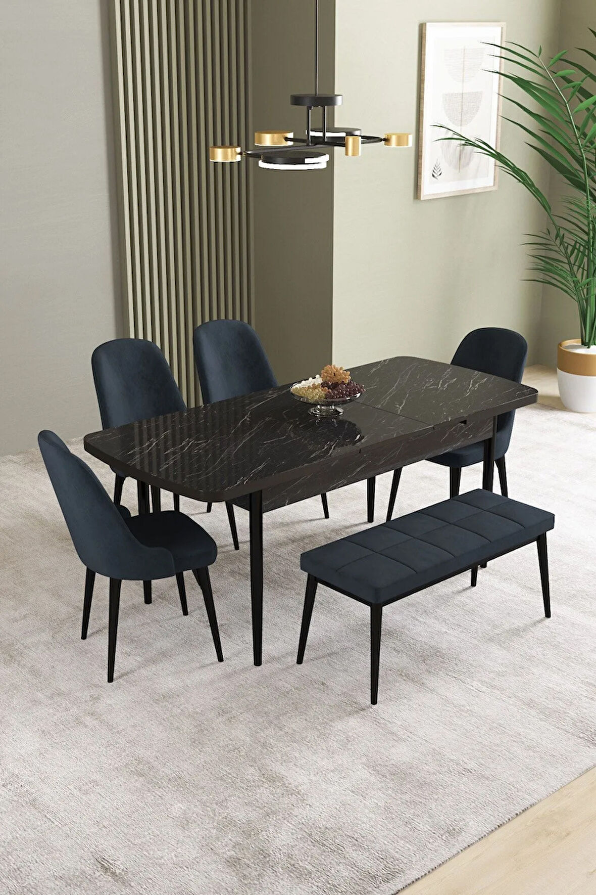 Ikon Siyah Mermer Desen 80x132 MDF Açılabilir Mutfak Masası Takımı 4 Sandalye, 1 Bench