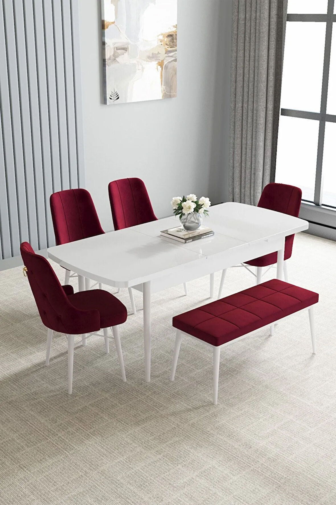 Jusie Beyaz 80x132 Açılabilir Mutfak Masası Takımı 4 Sandalye, 1 Bench