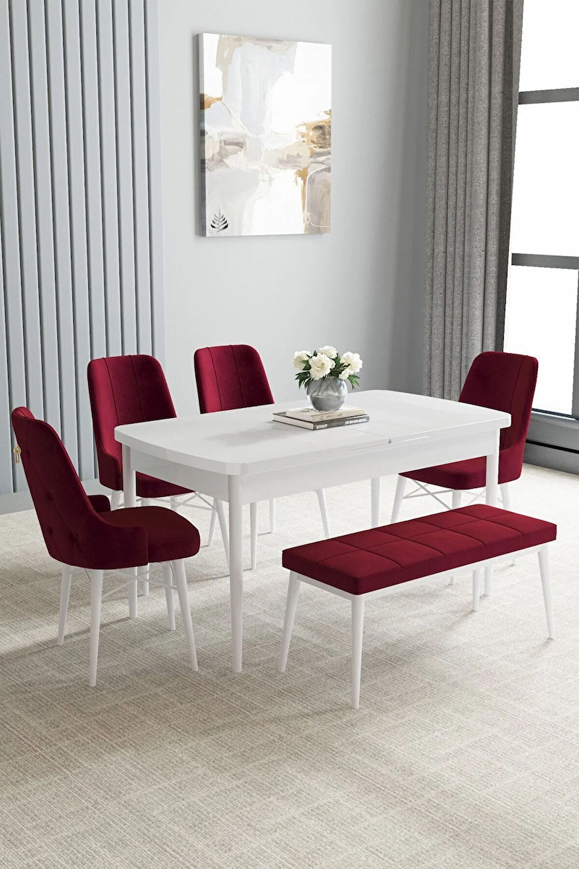 Jusie Beyaz 80x132 Açılabilir Yemek Odası Takımı 4 Sandalye, 1 Bench