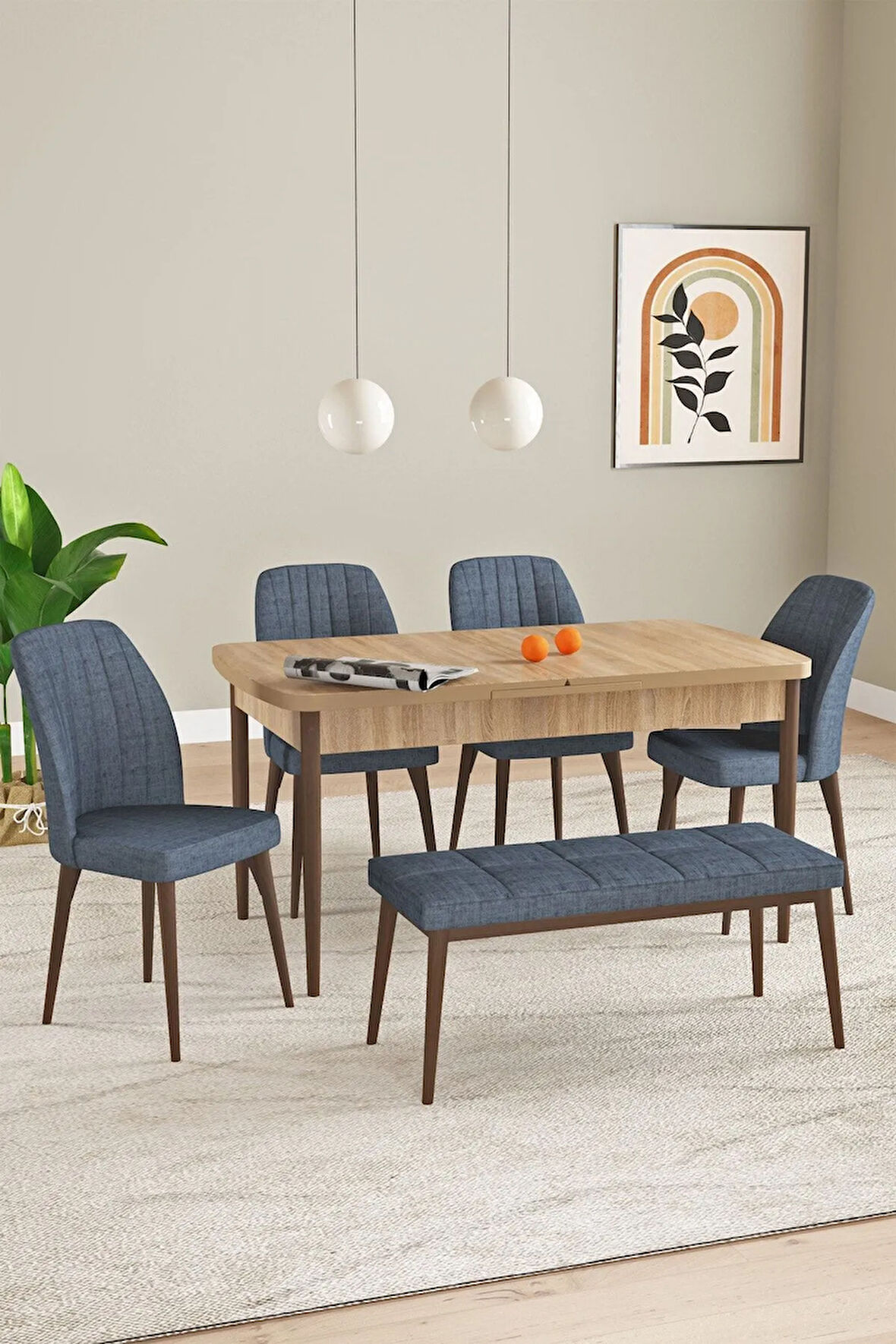 Laris Meşe Desen 80 X 132 Benchli Açılabilir MDF Mutfak Masa Takımı 4 Sandalye