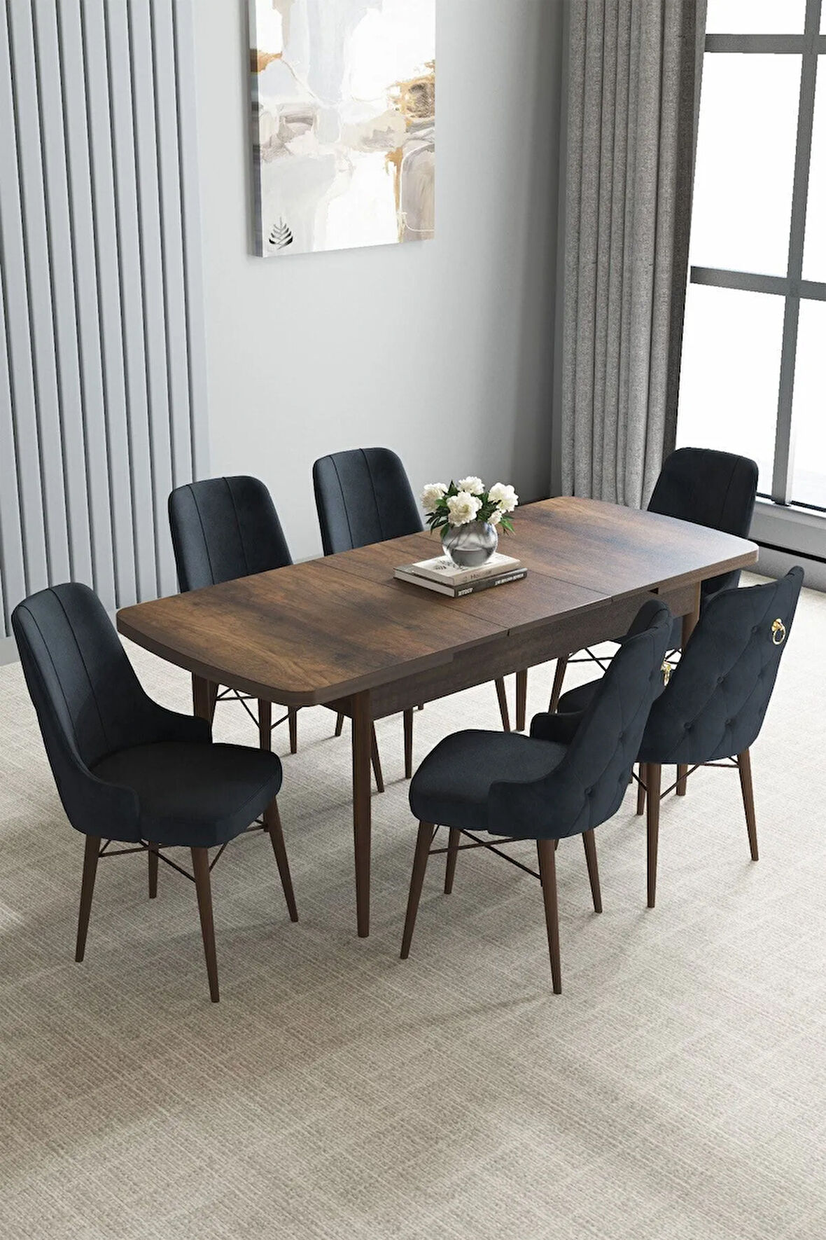 Jusie Barok Desen 80x132 Açılabilir Mutfak Masası Takımı 4 Sandalye, 1 Bench