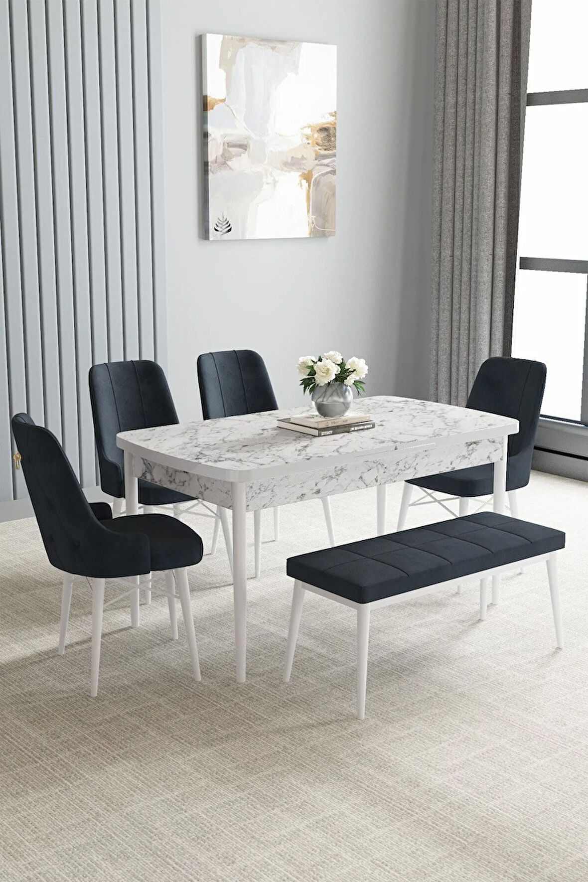Arvela Beyaz Mermer Desen 80x132 MDF Açılabilir Mutfak Masası Takımı 4 Sandalye, 1 Bench