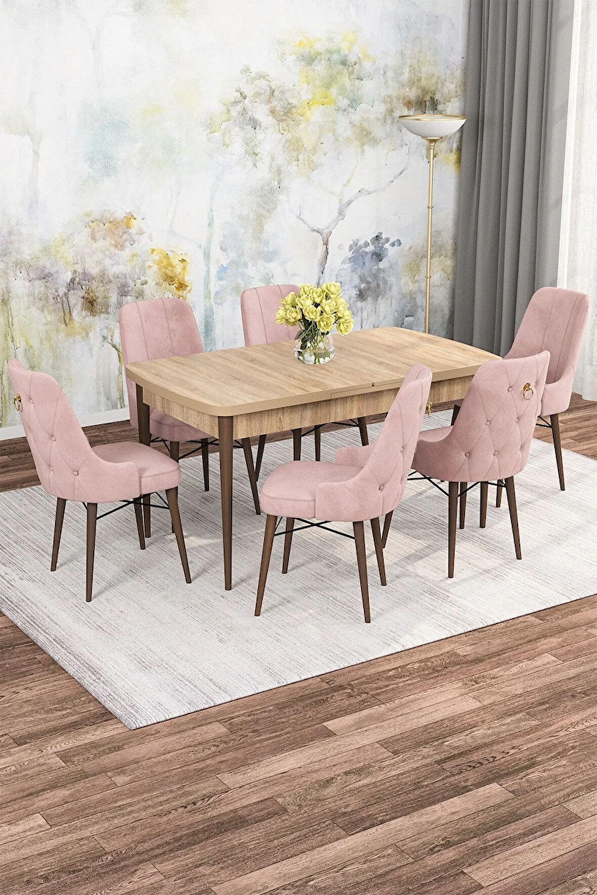 Jusie Siyah Mermer Desen 80x132 Açılabilir Yemek Odası Takımı 4 Sandalye, 1 Bench