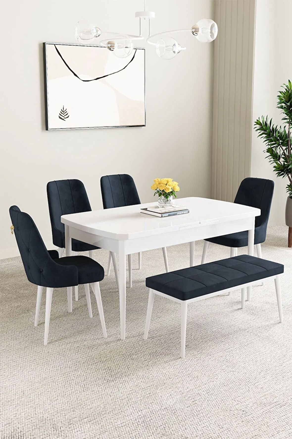 Mabel Beyaz Desen 80x132 MDF Açılabilir Mutfak Masası Takımı 4 Sandalye 1 Bench