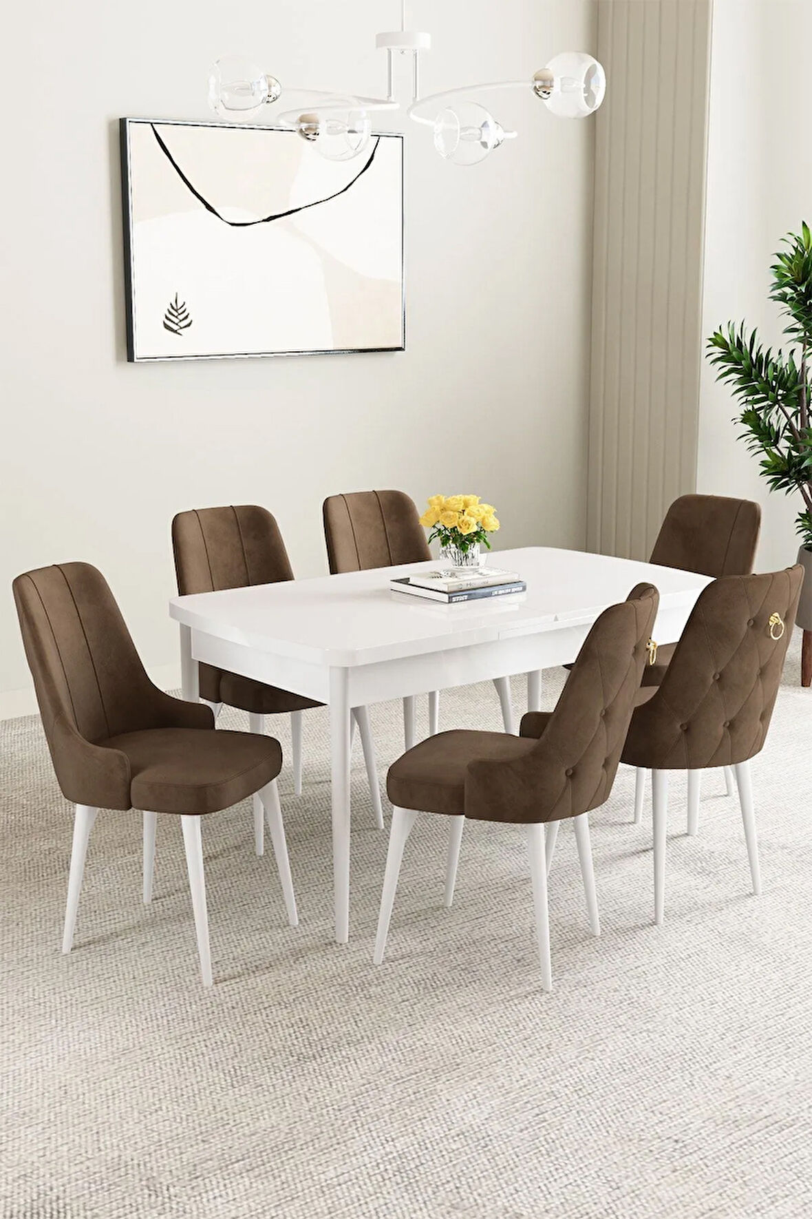 Mabel Beyaz 80x132 Açılabilir Yemek Odası Takımı 4 Sandalye, 1 Bench