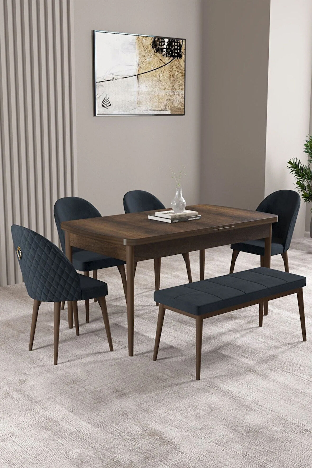 Milas Barok Desen 80x132 MDF Açılabilir Mutfak Masası Takımı 4 Sandalye, 1 Bench