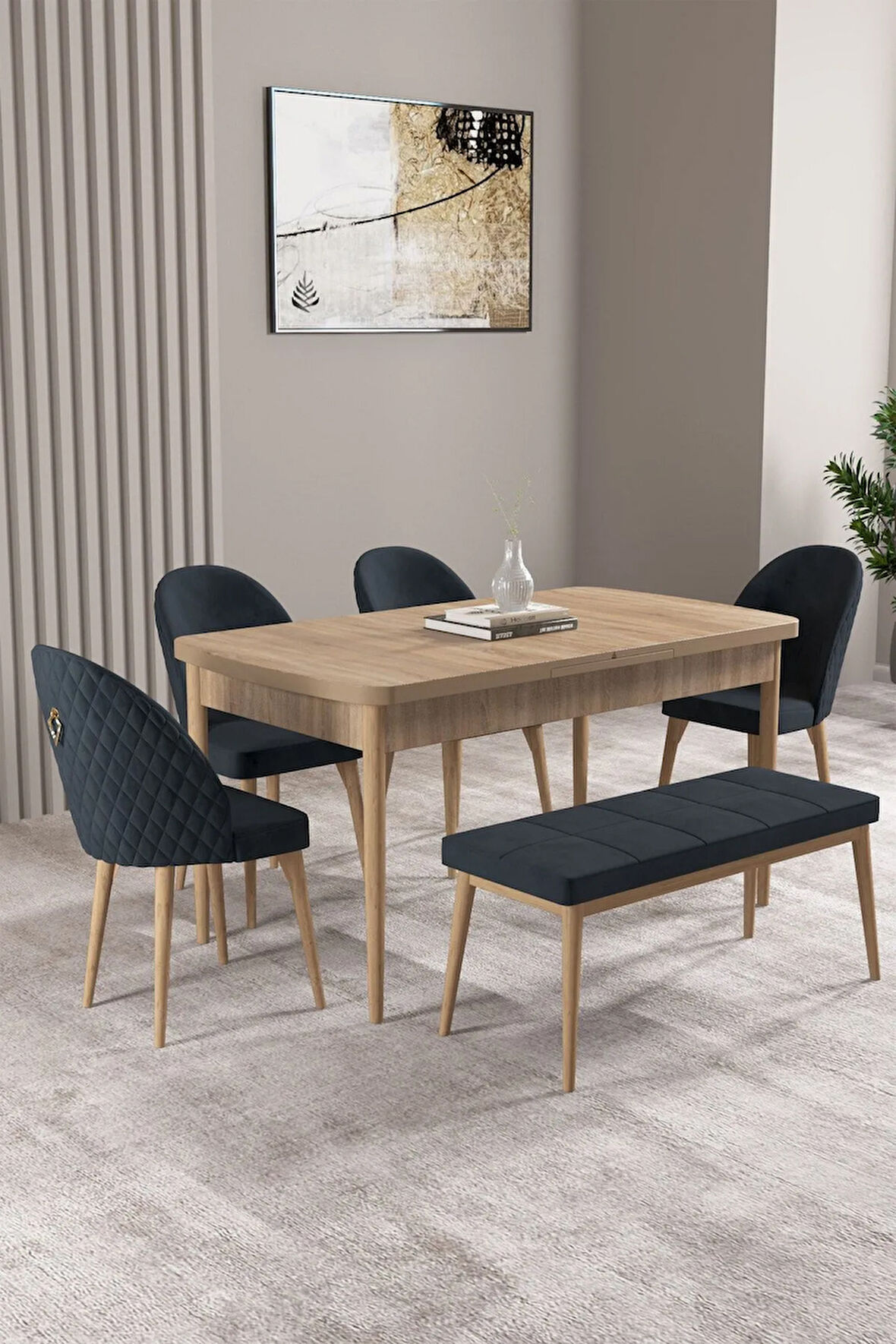 Milas Meşe Desen 80x132 MDF Açılabilir Mutfak Masası Takımı 4 Sandalye, 1 Bench