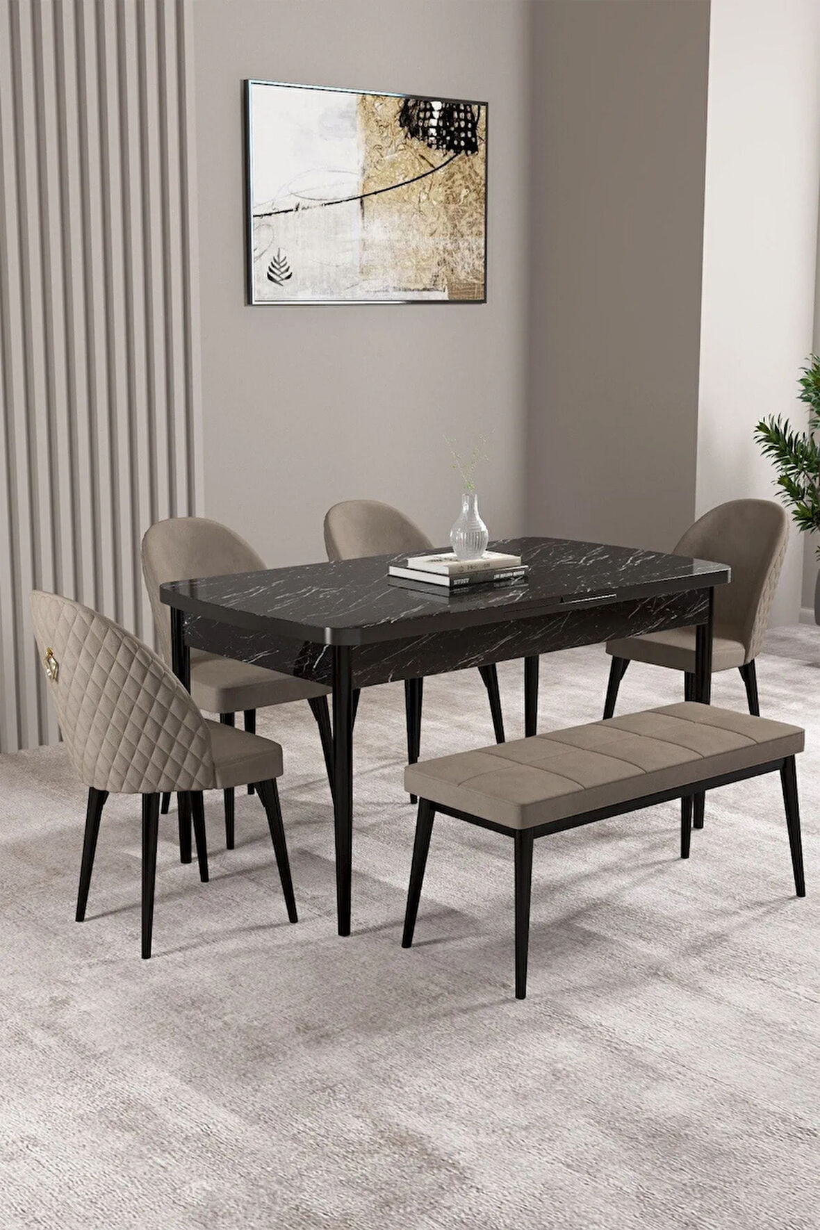 Milas Siyah Mermer Desen 80x132 MDF Açılabilir Mutfak Masası Takımı 4 Sandalye, 1 Bench