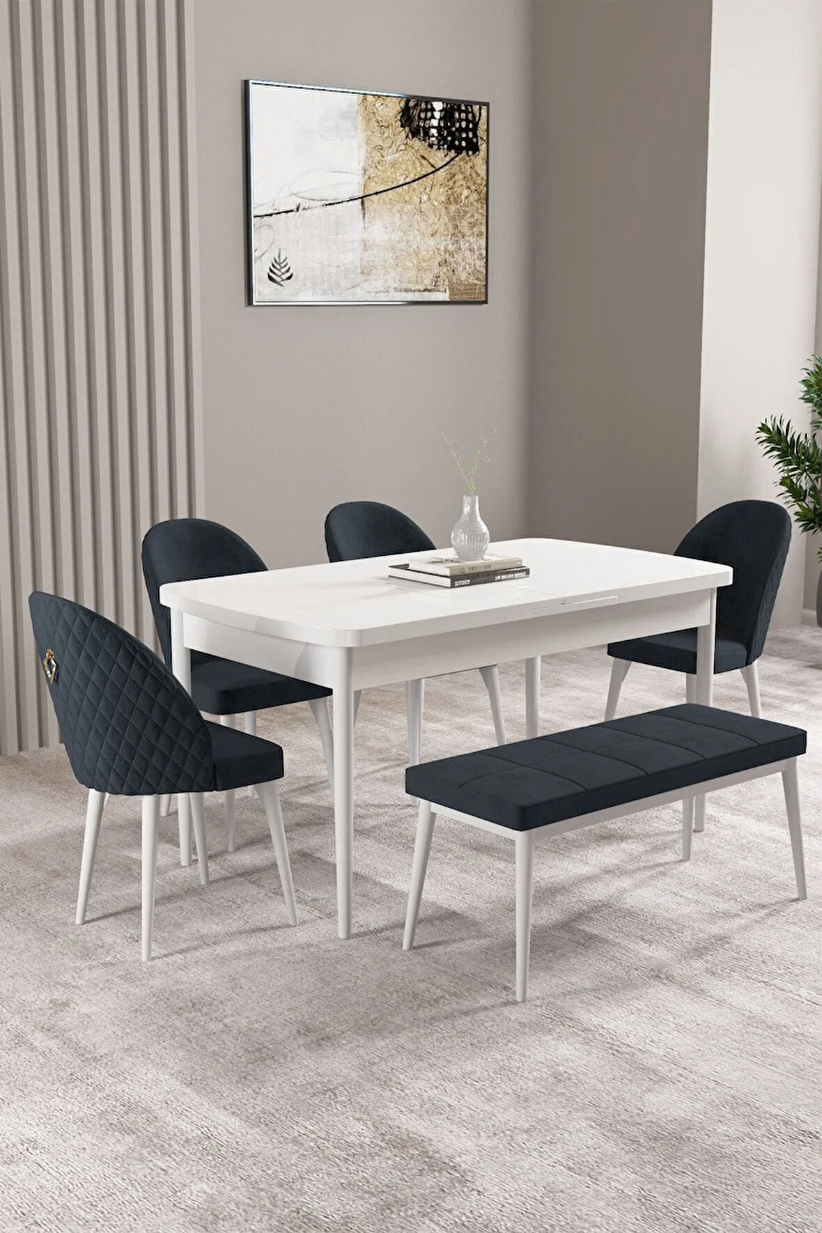 Milas Beyaz 80x132 MDF Açılabilir Yemek Masası Takımı 4 Sandalye, 1 Bench