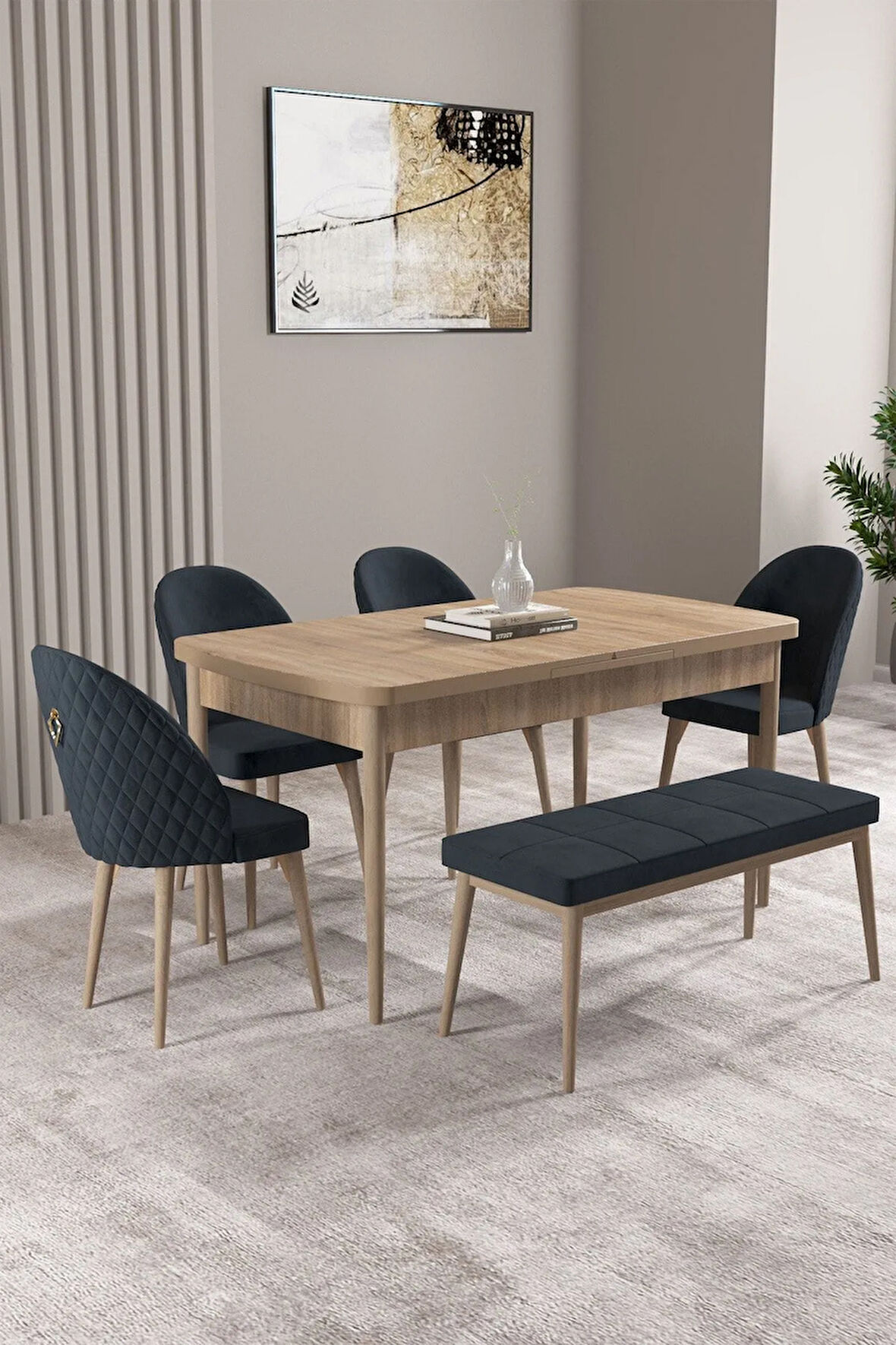 Milas Meşe Desen 80x132 MDF Açılabilir Yemek Masası Takımı 4 Sandalye, 1 Bench