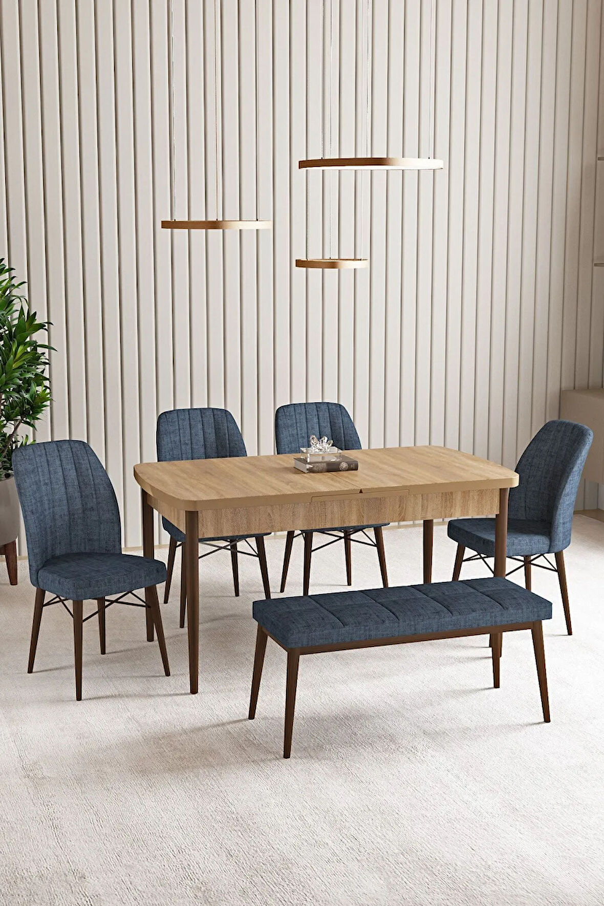 Vien Meşe Desen 80 X 132 Açılabilir MDF Mutfak Masası 4 Sandalye, 1 Bench